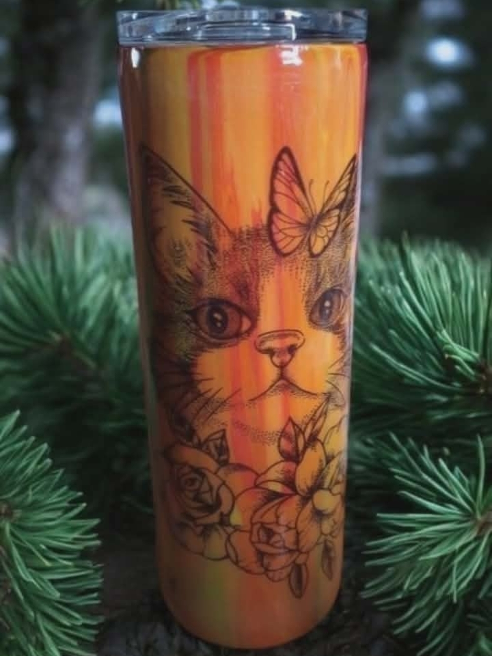 Cat & Butterfly Floral Tumbler - Orange Yellow Gradient